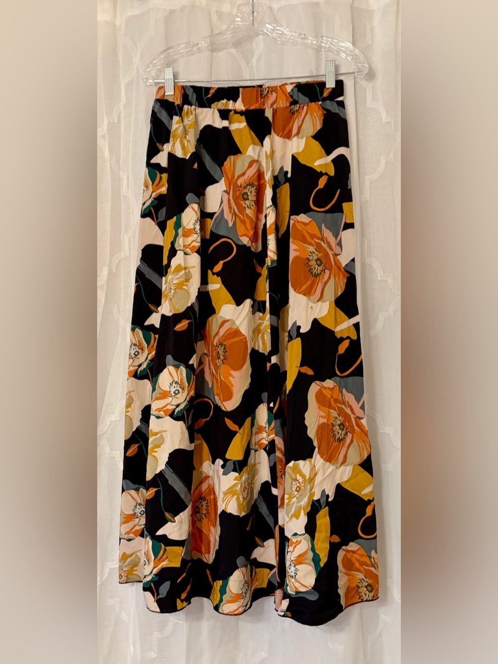 Floral Midi Maxi Skirt in Black and Orange | Size Large | Fall Boho